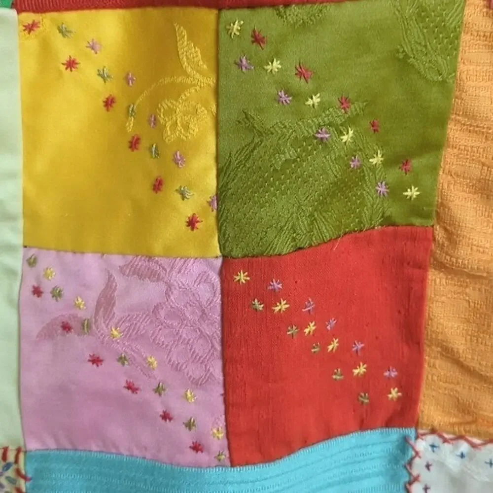 Crazy Quilt Large Rare Vintage Patchwork Quilt Embroidered Gold Satin Back 58x88